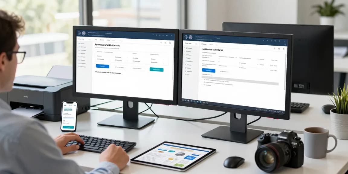 Business professional engaged in document fraud detection analysis at a modern office desk.