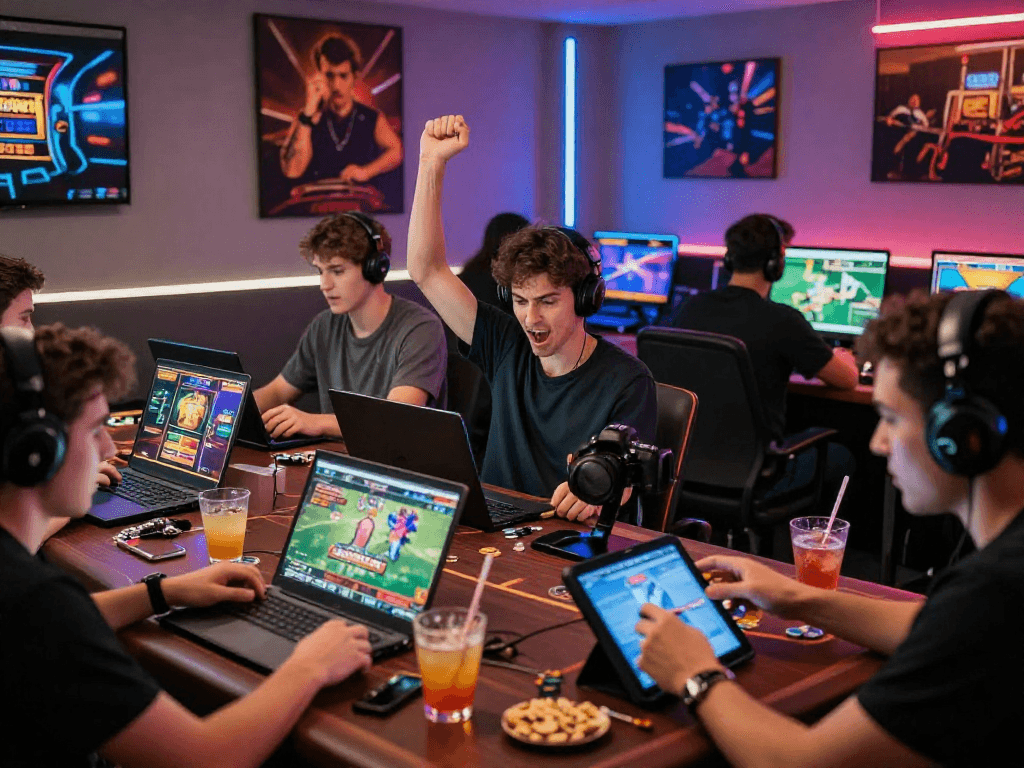 Players enjoying various games, including slots and poker, celebrating their rokok88 login experience in a dynamic online gaming atmosphere.