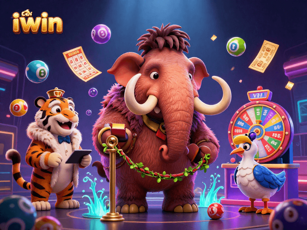Join the excitement at tải iwin with a vibrant 3D illustration featuring a mammoth bouncer and colorful lottery elements.