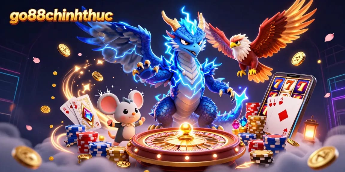 Engage with go88chinhthuc's thrilling 3D casino scene featuring dragons, coins, and vibrant gaming elements.