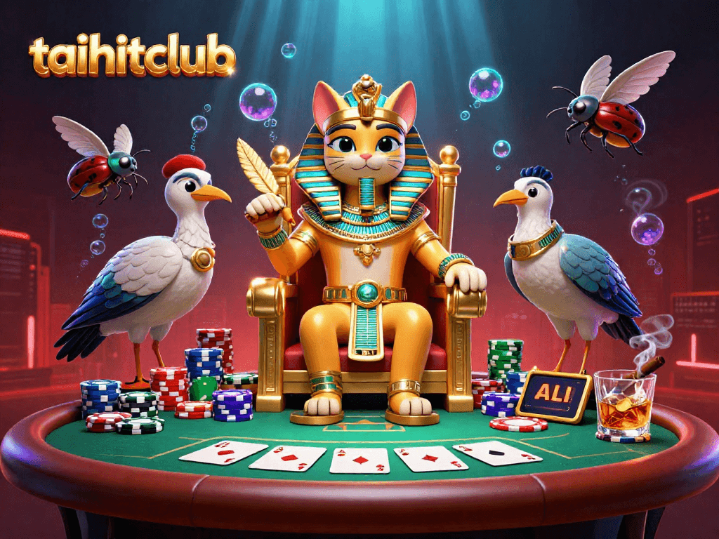 Engage in thrilling poker action at taihitclub with a vibrant Egyptian-themed casino scene.