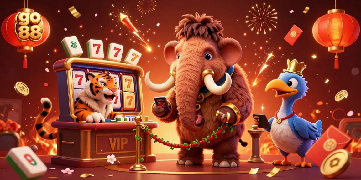 Experience the vibrant energy of go 88 with this bustling casino scene featuring a mammoth bouncer, saber-tooth VIP, and dodo doorman.
