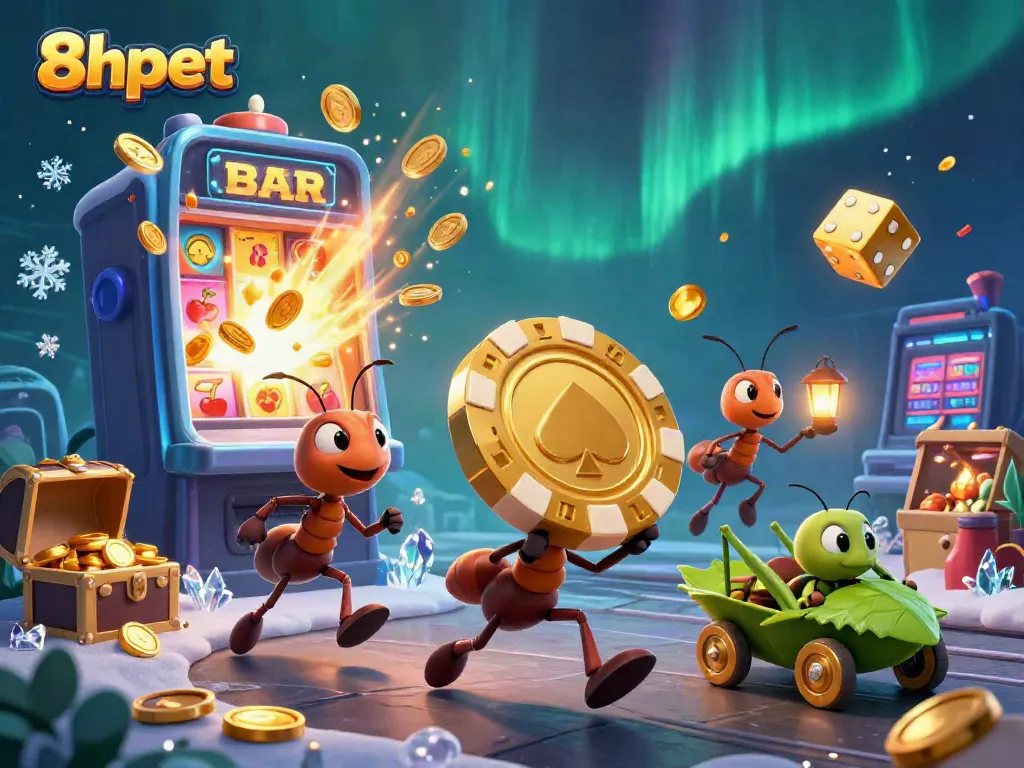 Experience the thrill of 8xbet with cartoon ants, a poker chip heist, and vibrant casino elements.