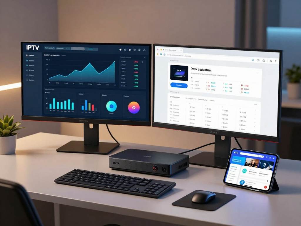 IPTV panel interface showcased in a modern office environment featuring cloud computing and digital platform capabilities.