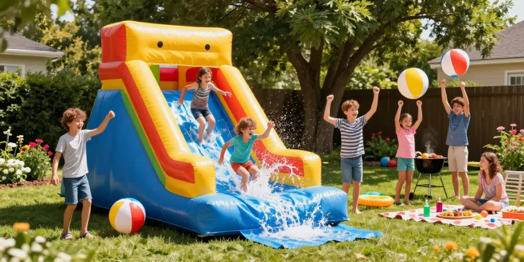 Children having fun on colorful water slides water in a vibrant backyard setting.