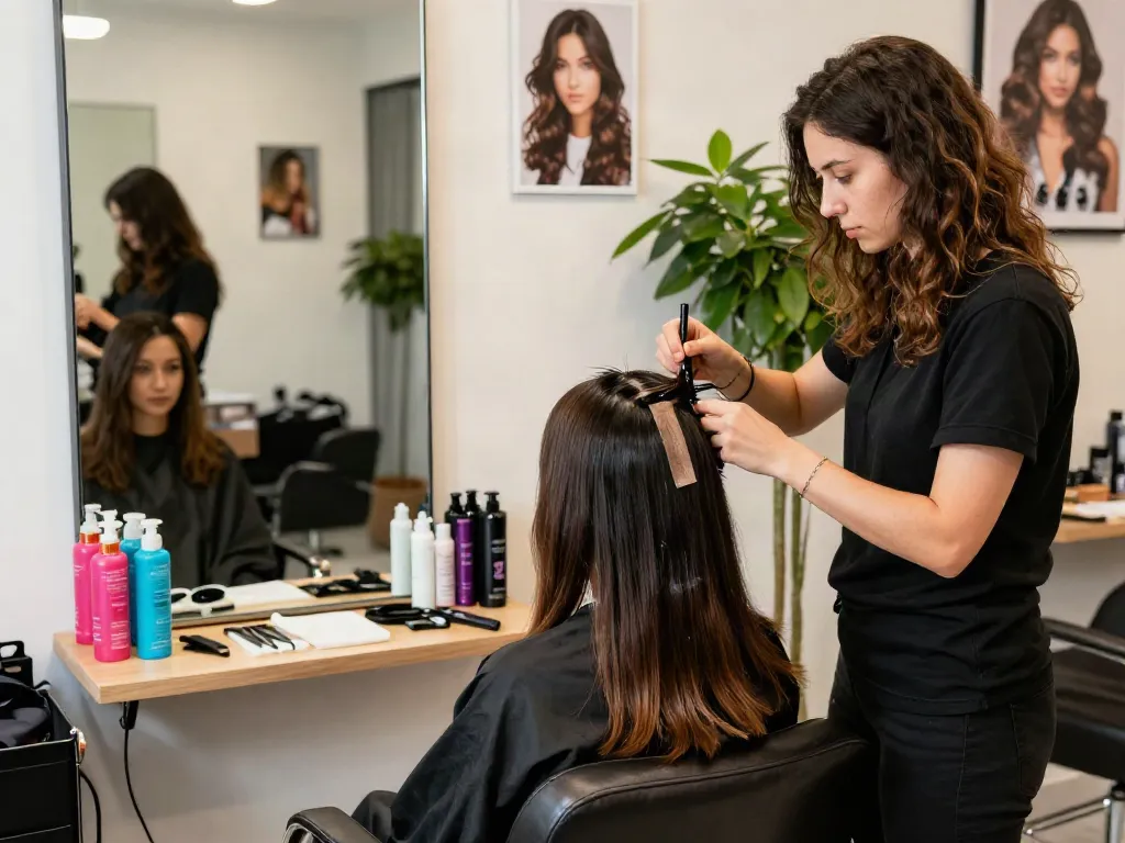 Tape extensions for thin hair applied by a professional stylist in a modern salon setting.