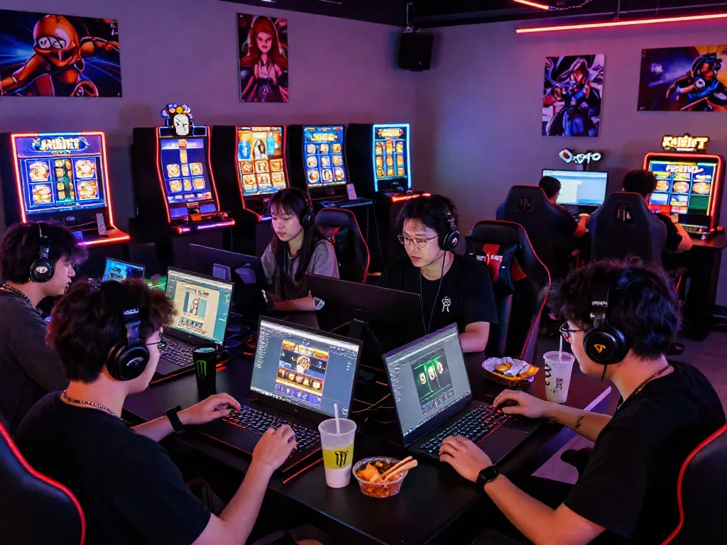 Engaged players exploring situs gacor on KOITOTO platform in a lively gaming lounge.