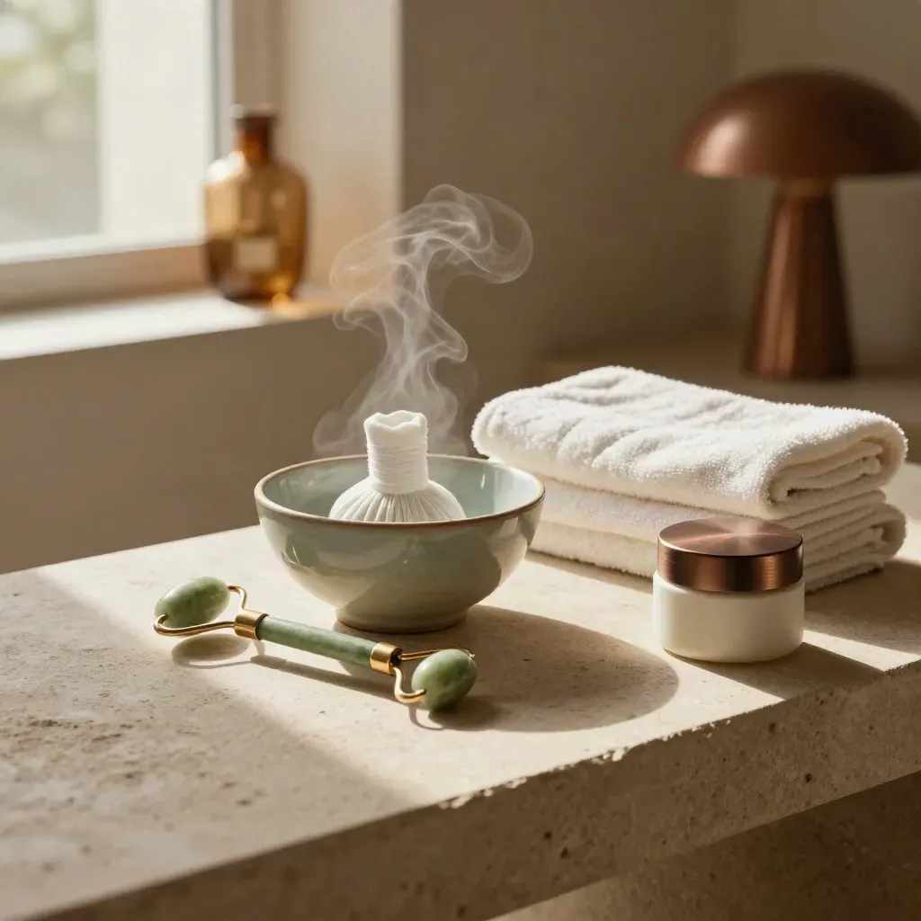 Quiet room facial setup with warm towels, jade roller, ceramic bowl and steam on a stone counter