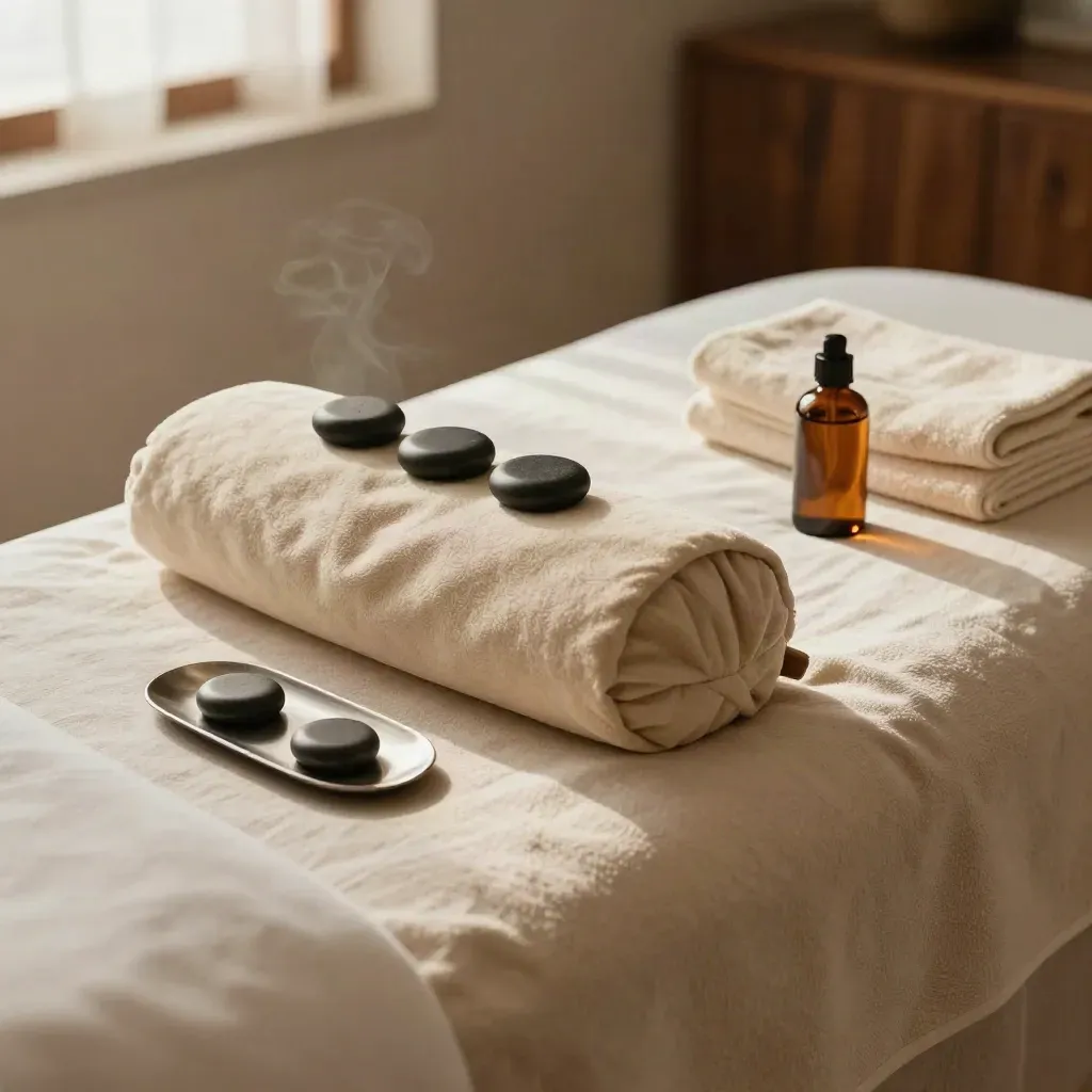 Empty deep tissue massage room with smoothed linens, bolster, stones, and oil bottle.