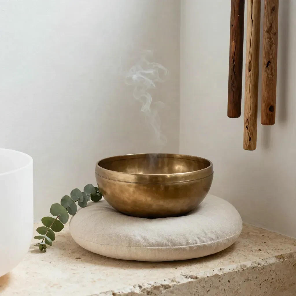 Meditation corner with singing bowl, cushion, eucalyptus sprig, and driftwood chime in soft haze
