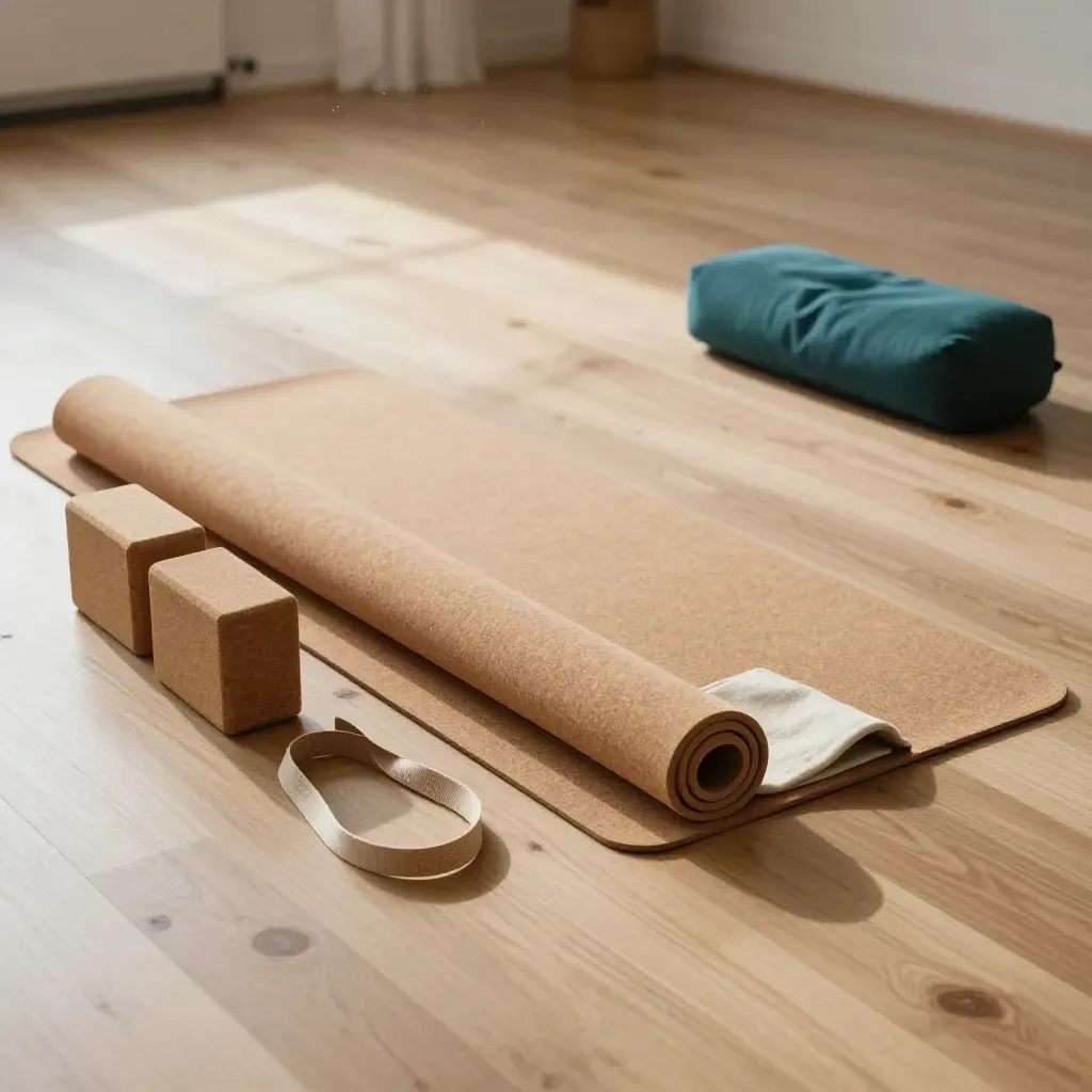 Empty yoga studio floor with rolled mat, blocks, strap, and soft daylight.