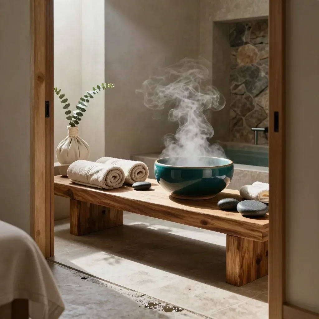 Cinematic spa suite with steam bowl, cedar bench, rolled towels and eucalyptus in morning rain light.