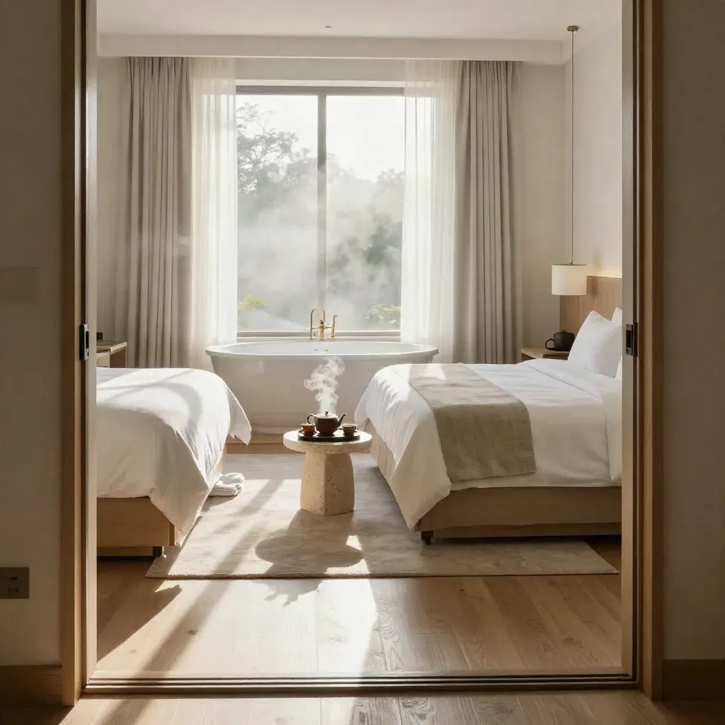 Grand retreat suite with twin daybeds, tea service, soaking tub, and misty sheer curtains.