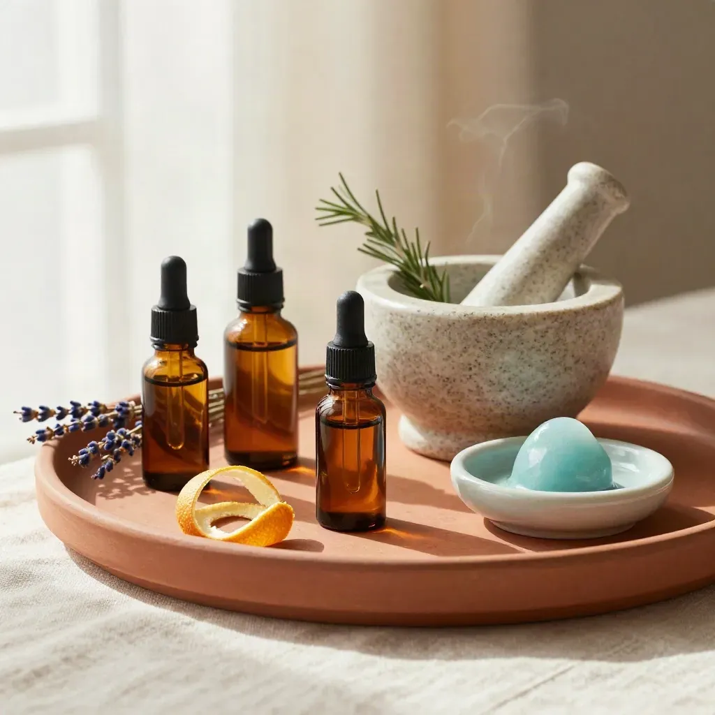 Amber oils, mortar, botanicals and ceramic dish on a terracotta spa tray.