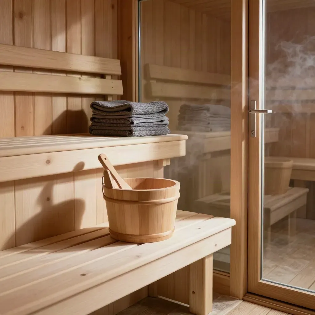 Cedar sauna interior with bench, bucket, ladle and folded towels in warm dry heat haze.