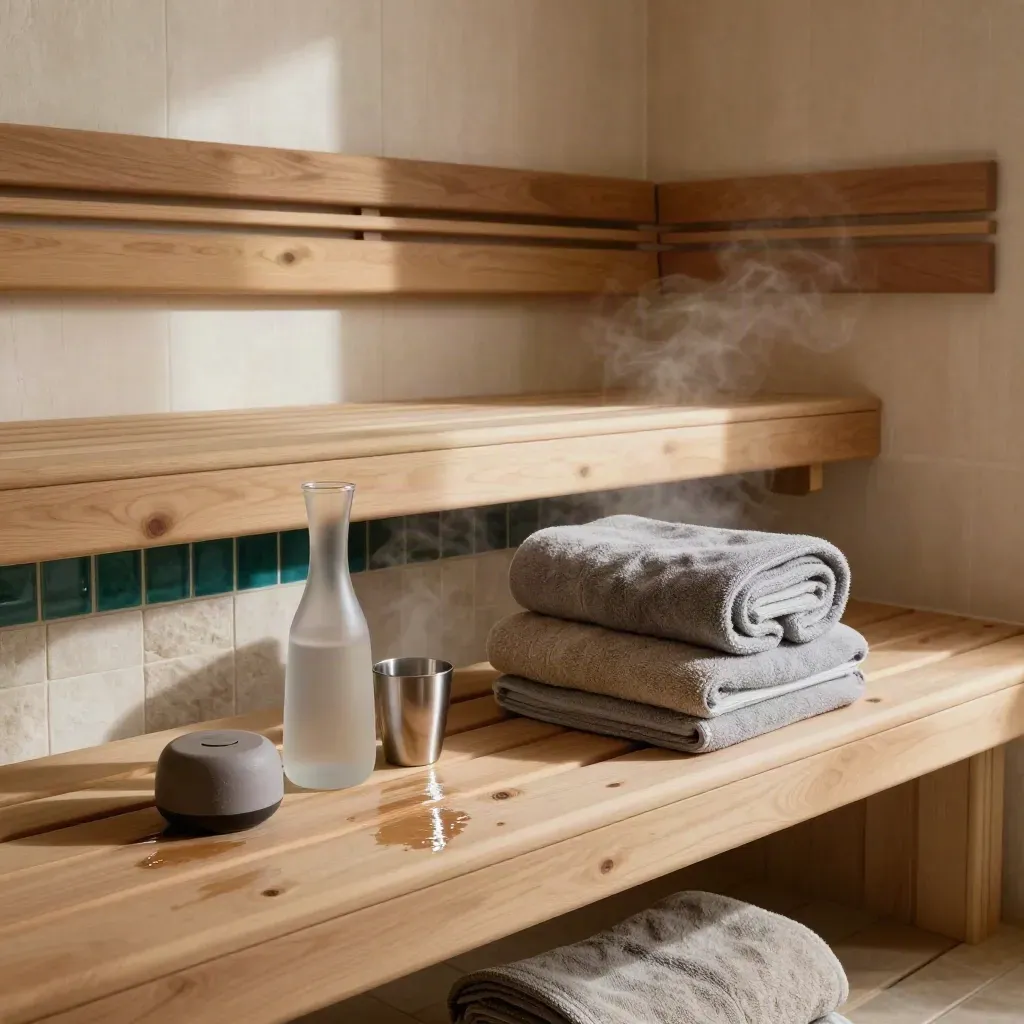 Sauna nook with cedar bench, steam, towels, carafe, and teal tile.