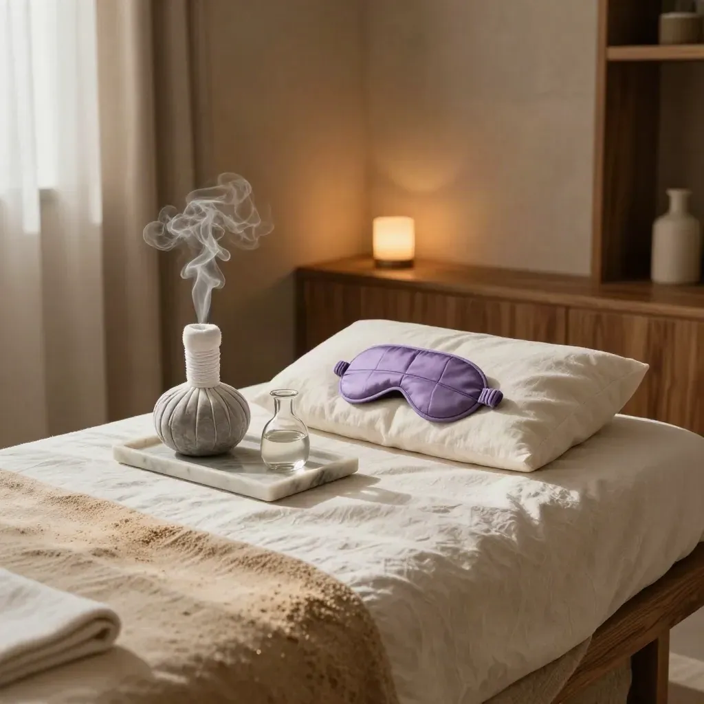 Spa alcove with eye mask, lavender compress, diffuser and marble tray on a resting bed.