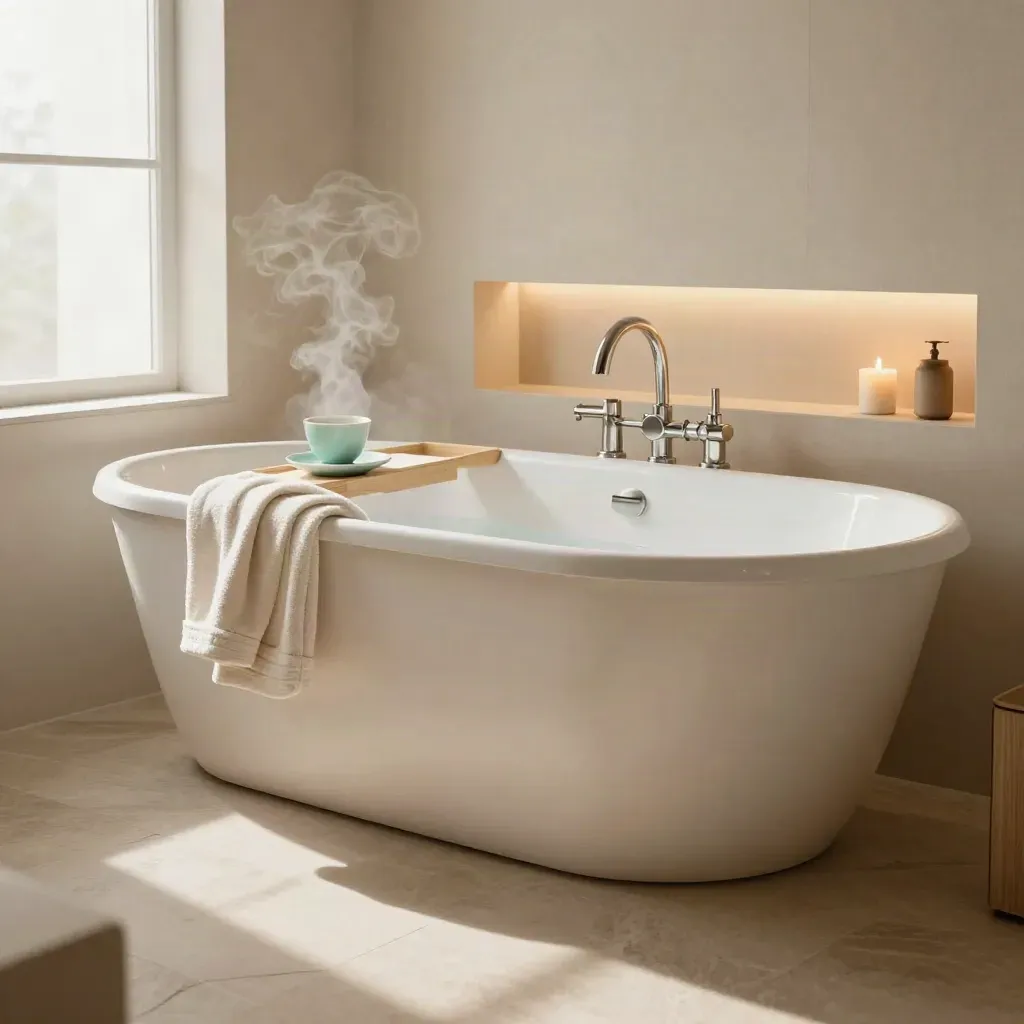 Empty spa bathroom with drawn tub, robe, tea tray, candle shelf and steam in warm daylight.