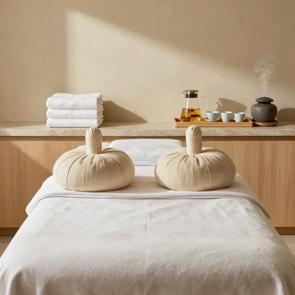 Fresh treatment room with towel stacks, bolsters, and steaming tea station in soft daylight.