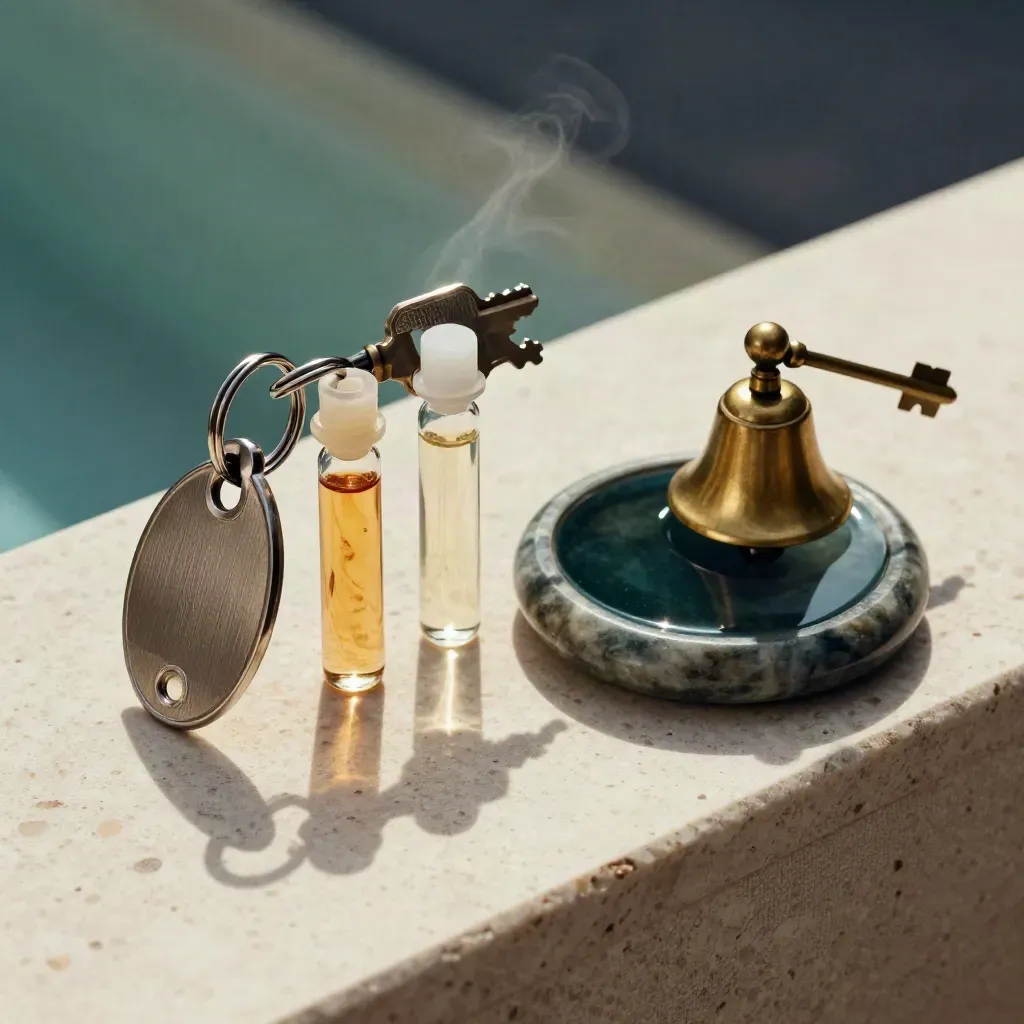 Spa room key ring, scent vials, brass bell and stone dish on travertine.