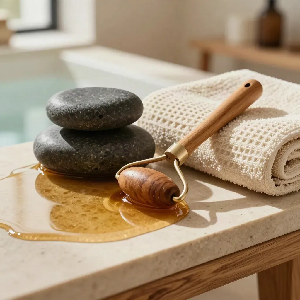 Basalt stones, amber oil, wooden roller and folded towel on a spa shelf.