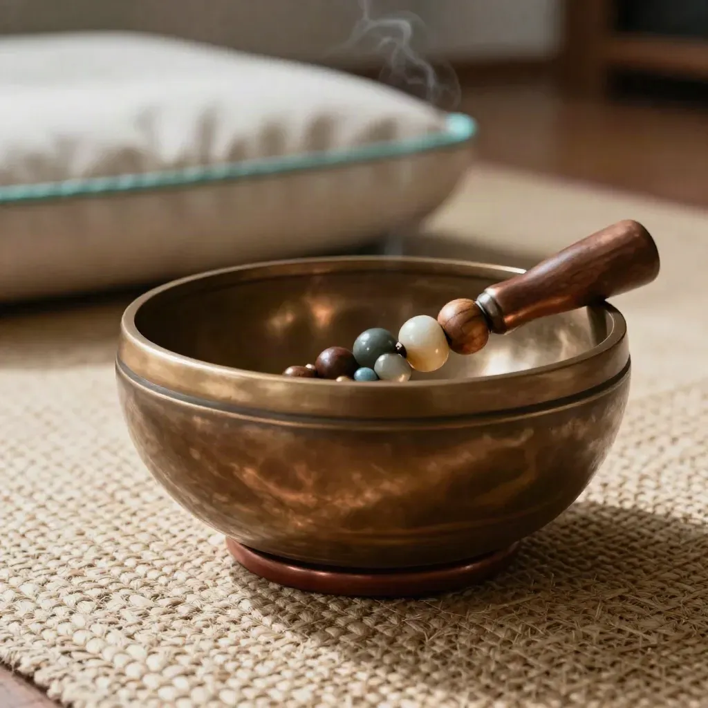 Singing bowl, copper chime, mala beads and floor cushion edge in incense haze