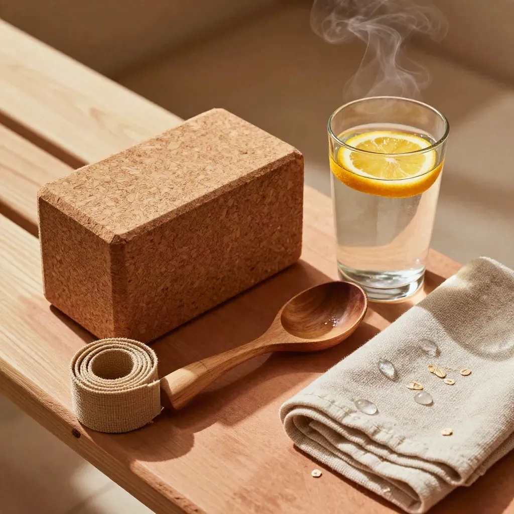 Yoga block, strap, cedar ladle and citrus water on a sauna bench with steam.