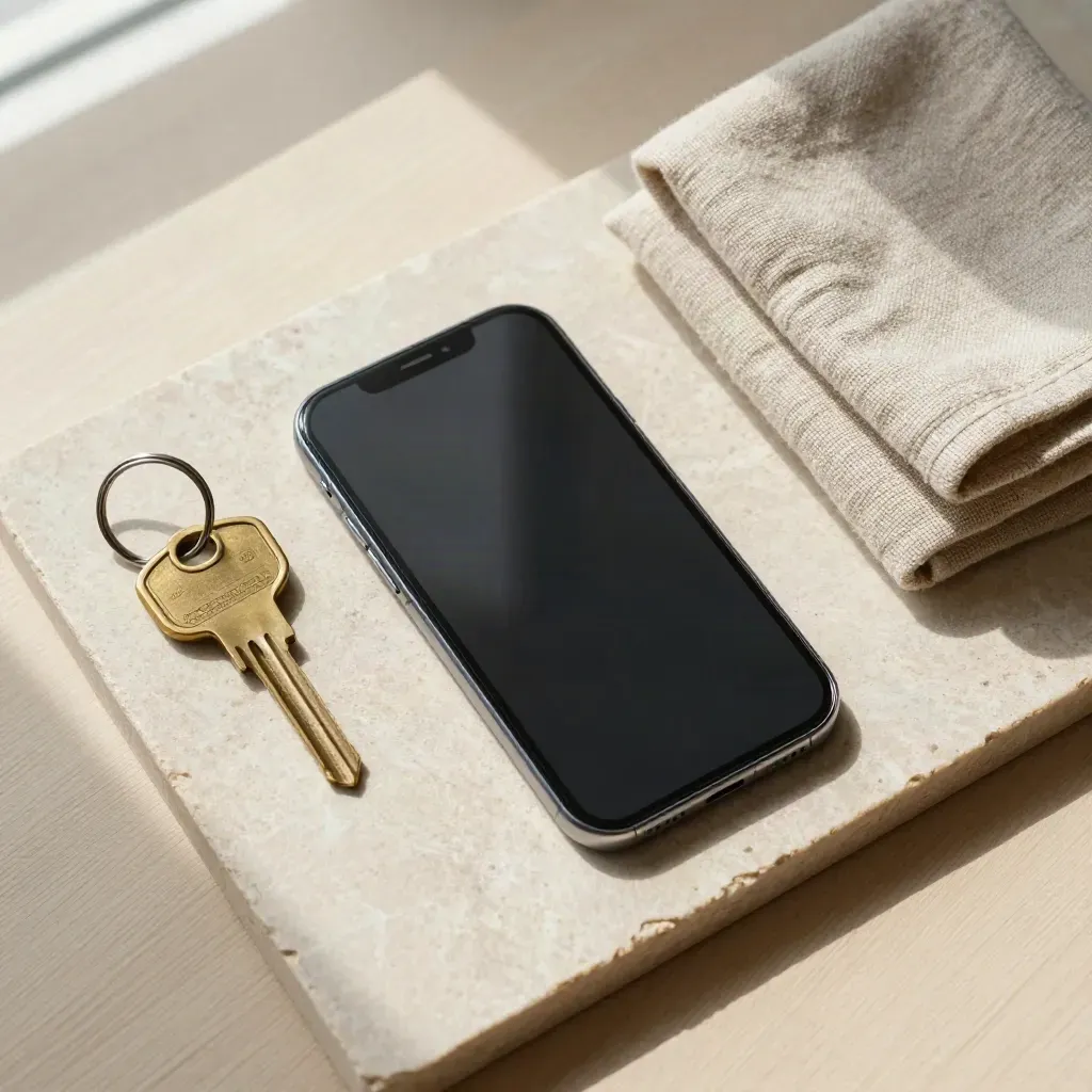 Flat lay of a brass key, blank phone, linen sleeve and towel on a stone tray
