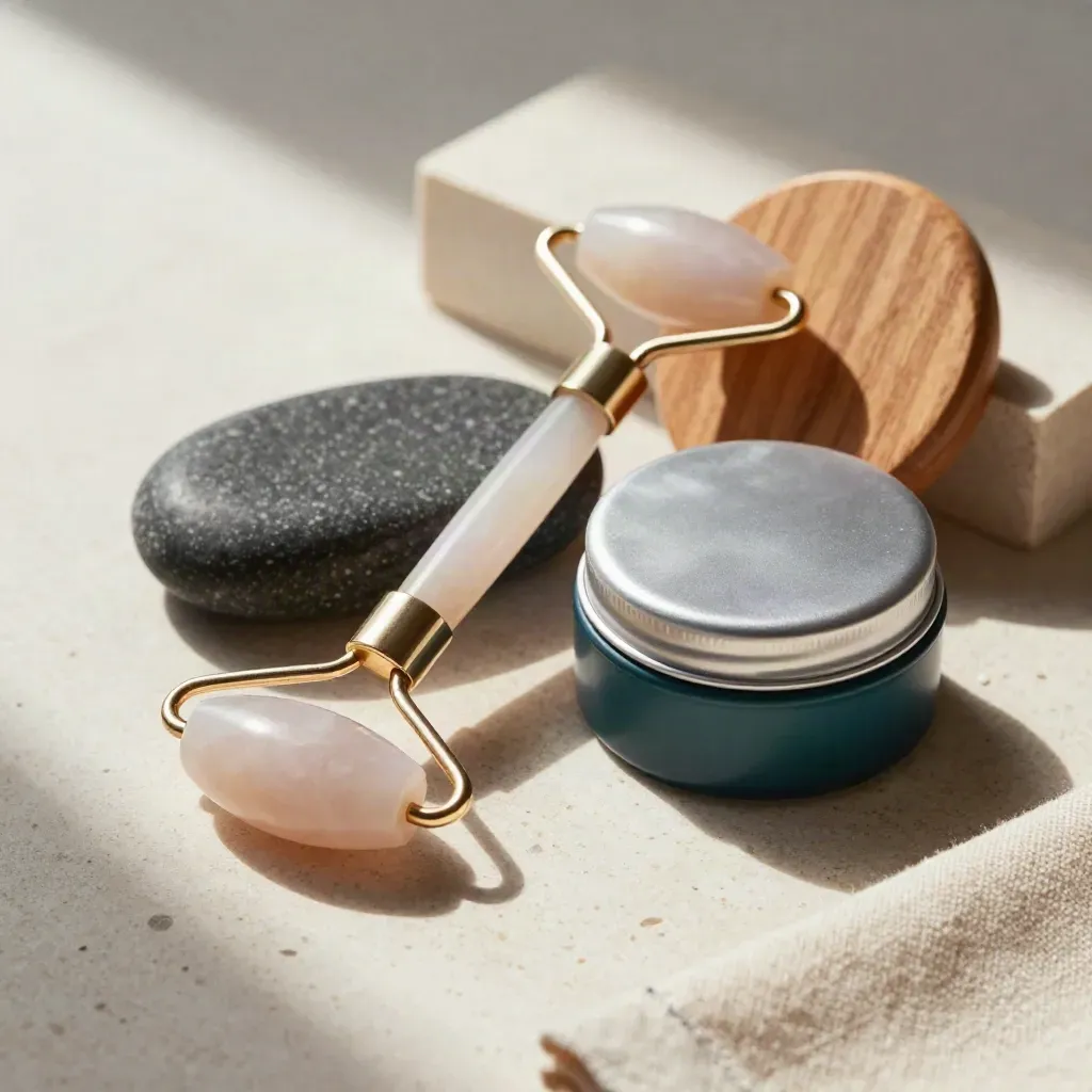 Jade roller, basalt stone, balm tin, and wooden acupressure disc on travertine.