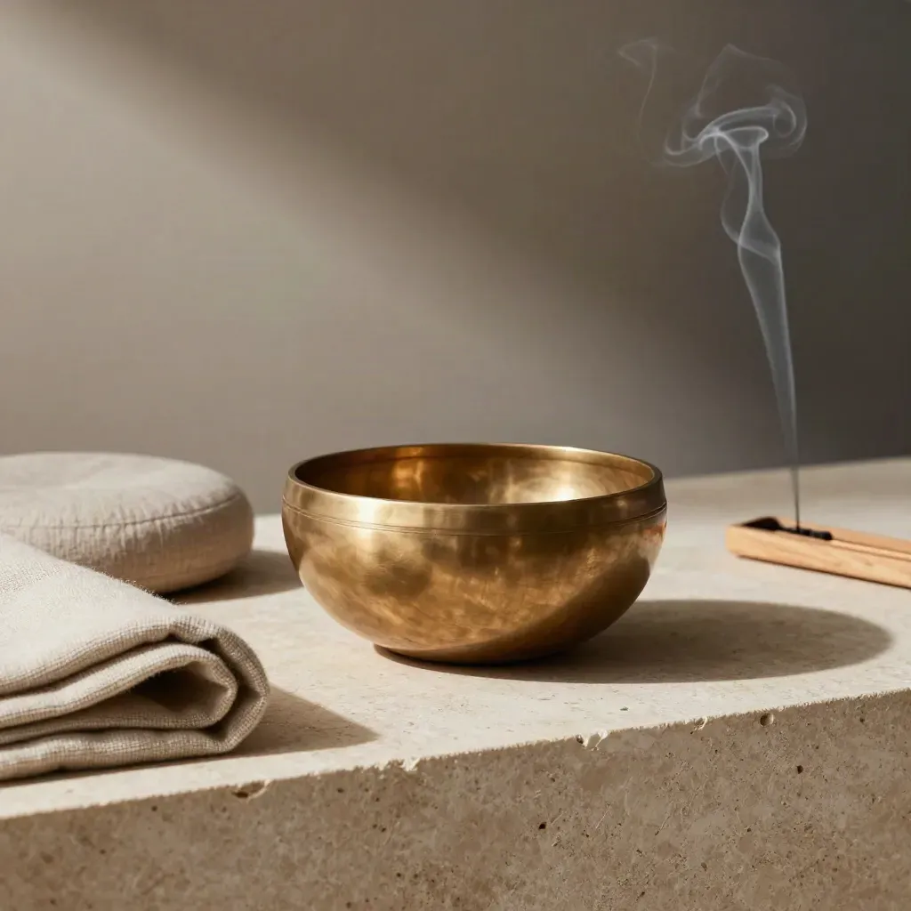 Singing bowl with cushion, folded blanket, and cedar incense holder on a stone shelf.