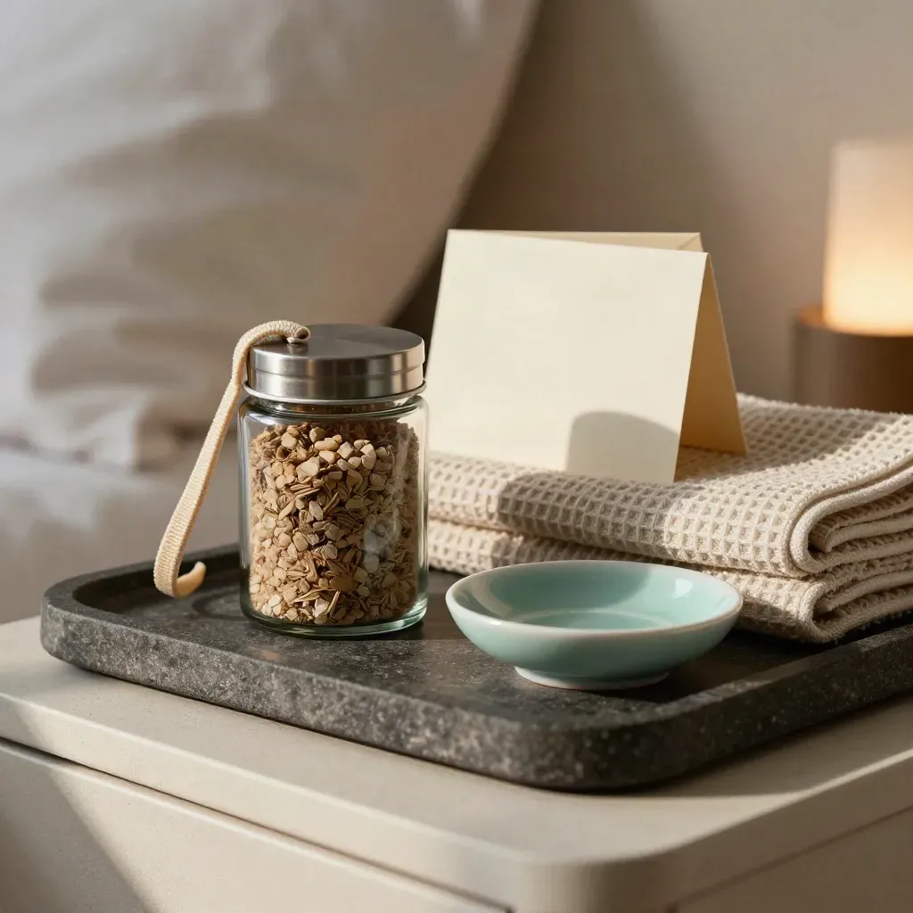 Bath salts jar, stretch strap, and folded towel arranged on a stone bedside tray.