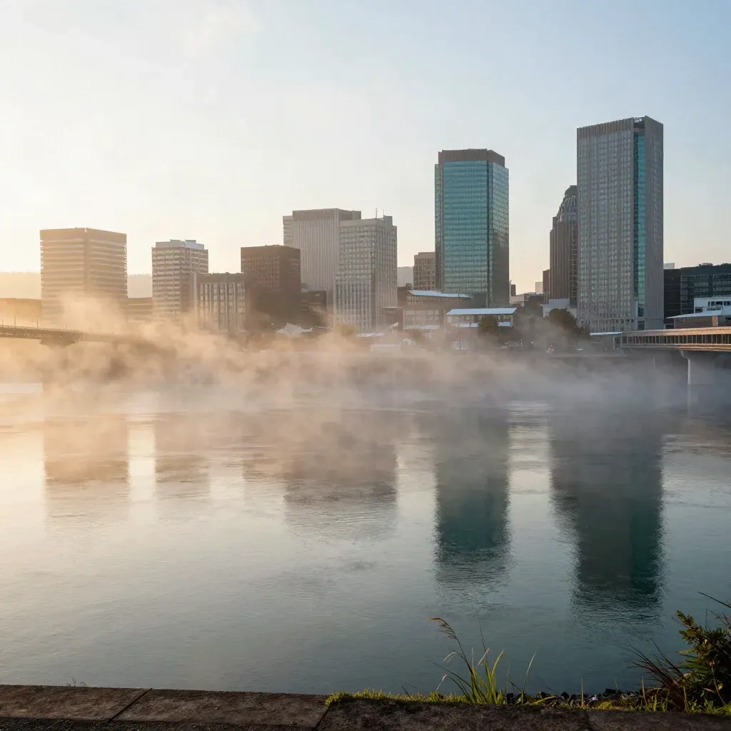 Portland skyline and Willamette River in dawn mist from a high bluff.
