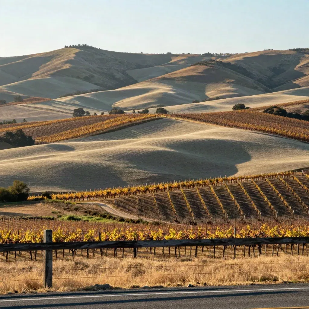 Golden-hour vineyard ridges and farm fields near Hillsboro with distant hills and calm open foreground.