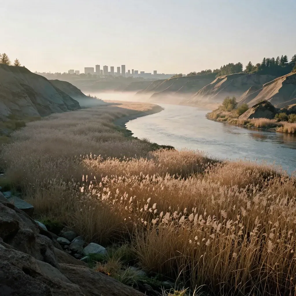 Misty riverbend bluffs and reeds above a calm valley skyline at dusk.