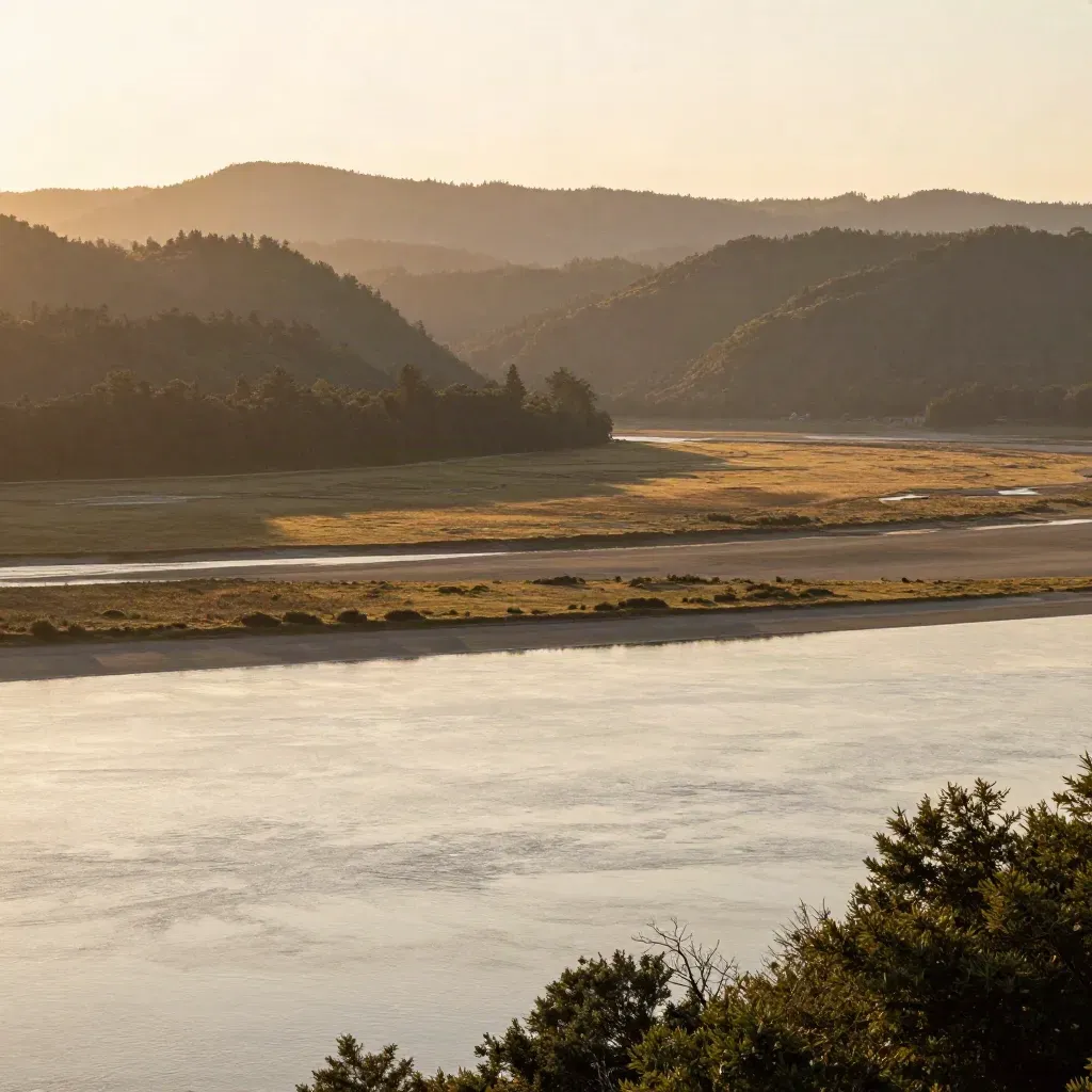 Golden hour Columbia River valley and Camas ridge above calm water and marsh.