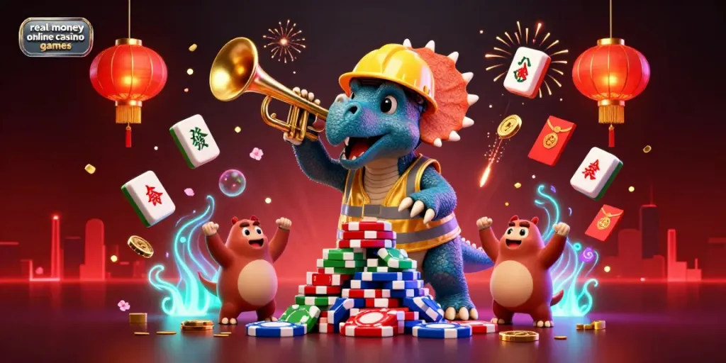 Experience excitement with real money online casino games in this vibrant 3D scene featuring fun characters and casino elements.