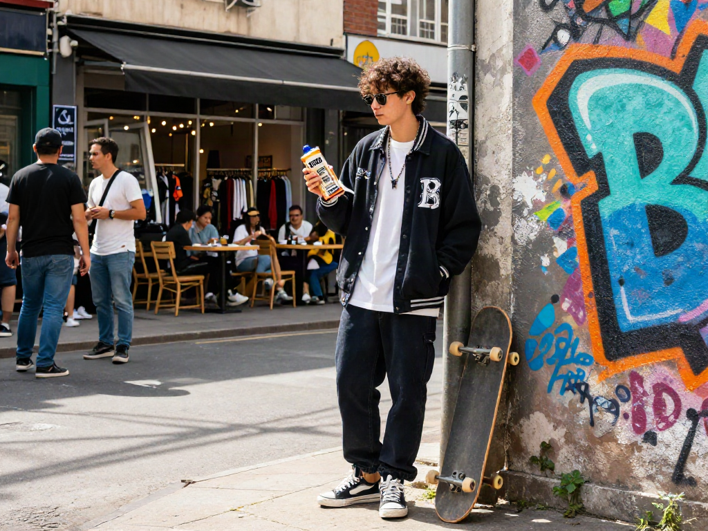 Young adult showcasing rokok88 merchandise in a trendy urban setting.