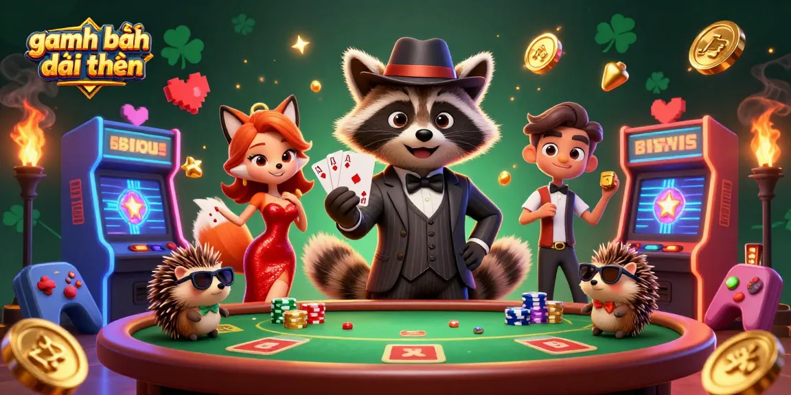 Experience the thrill of game đánh bài đổi thưởng with a charismatic raccoon, elegant fox, and bouncer in a vibrant casino scene.