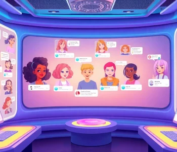Engaging scene illustrating users interacting with AI characters in a futuristic chat room, enhancing the crush on ai experience.