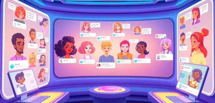 Engaging scene illustrating users interacting with AI characters in a futuristic chat room, enhancing the crush on ai experience.