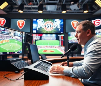 Engaging sports broadcasting studio with a commentator and live sports feeds.