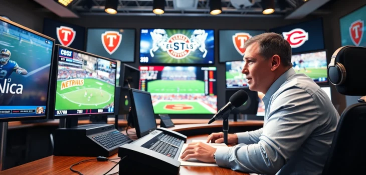 Engaging sports broadcasting studio with a commentator and live sports feeds.
