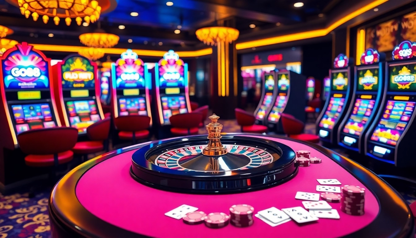 Exciting gambling scene with a roulette wheel and GO88 poker chips in a luxurious casino.