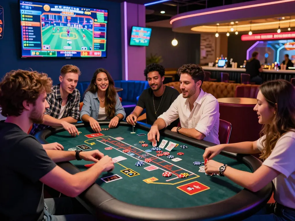 Friends enjoying the vibrant experience at the 789 club digital casino with poker chips and cards