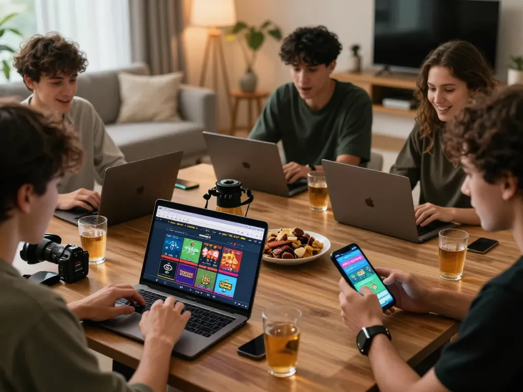 Excited players enjoying betting at a reputable nhà cái uy tín in a modern living room.