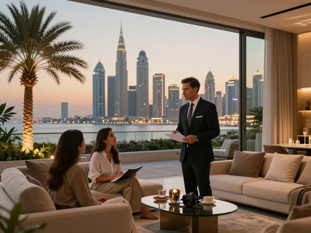 airbnb management dubai scene featuring a property manager discussing strategies with clients in a luxurious apartment setting