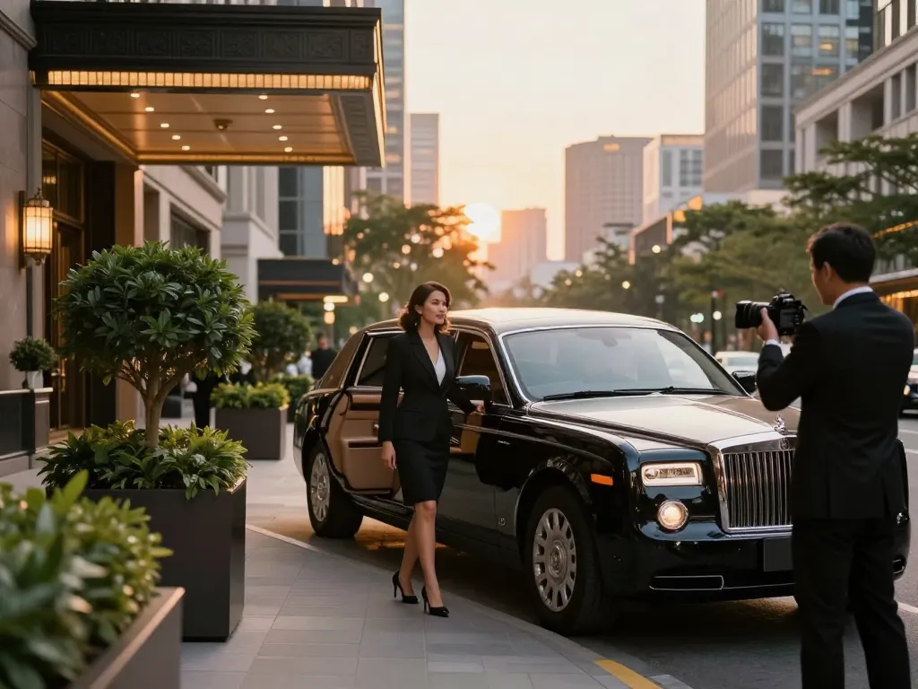 Experience premium Romeoville limo service with a stylish couple arriving in luxury attire at an upscale hotel.