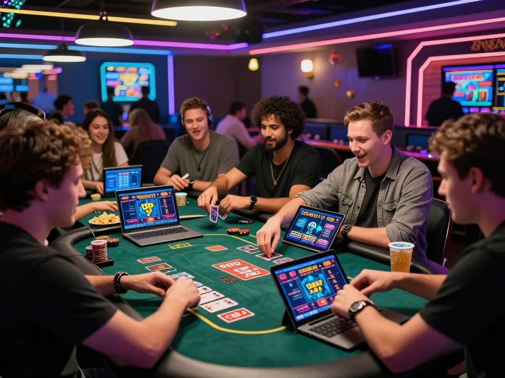 Friends enjoying online gaming on Bomwin platform with vibrant atmosphere and digital displays.