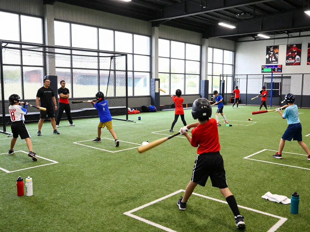 Youth athletes training at Hit Club baseball facility, practicing hitting techniques in an energetic gym environment.