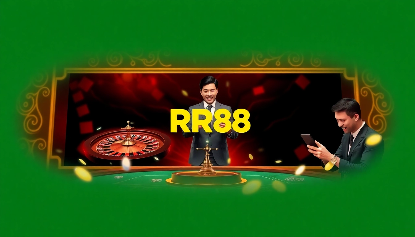 RR88 online gambling platform showcasing excitement with roulette wheel and poker chips.